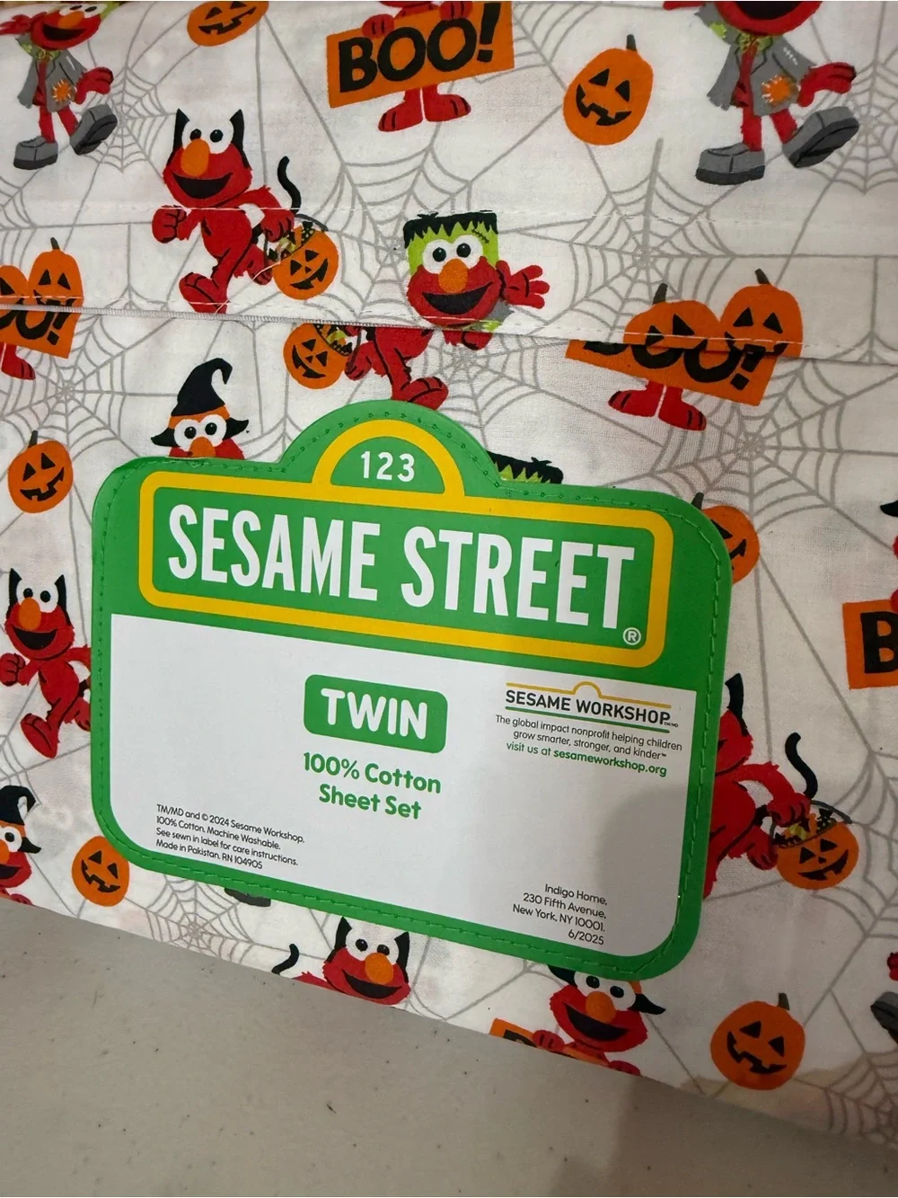 Sesame Street Elmo Halloween Twin Sheet Set - White, Orange, Red, Green, Black
